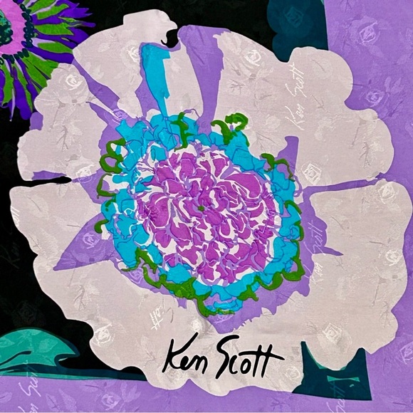Ken Scott Vintage Floral Silk Scarf | Purple & Aqua Bold Flowers - Picture 2 of 9